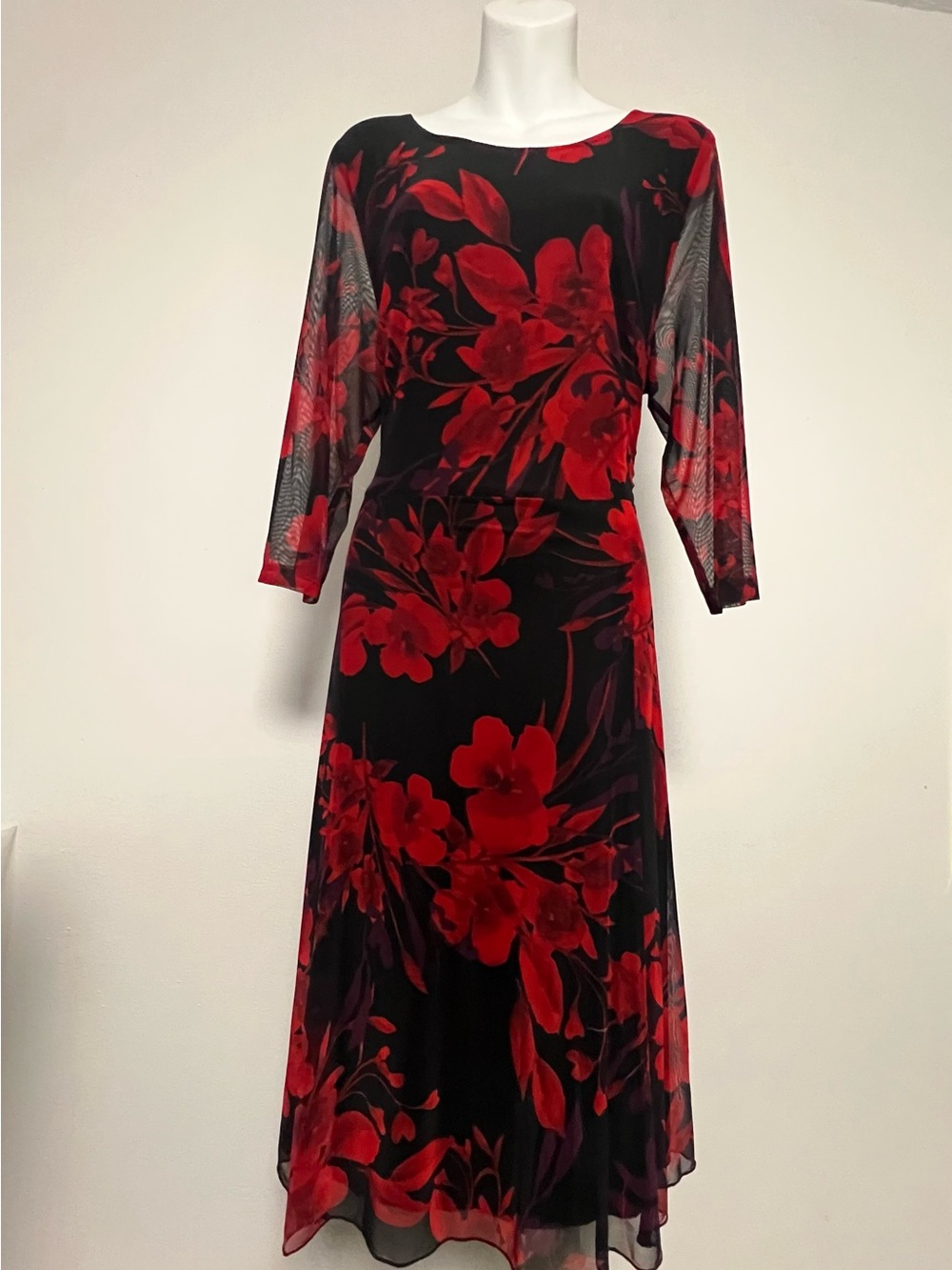 Connected Apparel Women Red Floral black Mesh Sleeve Midi Dress Plus size 16W